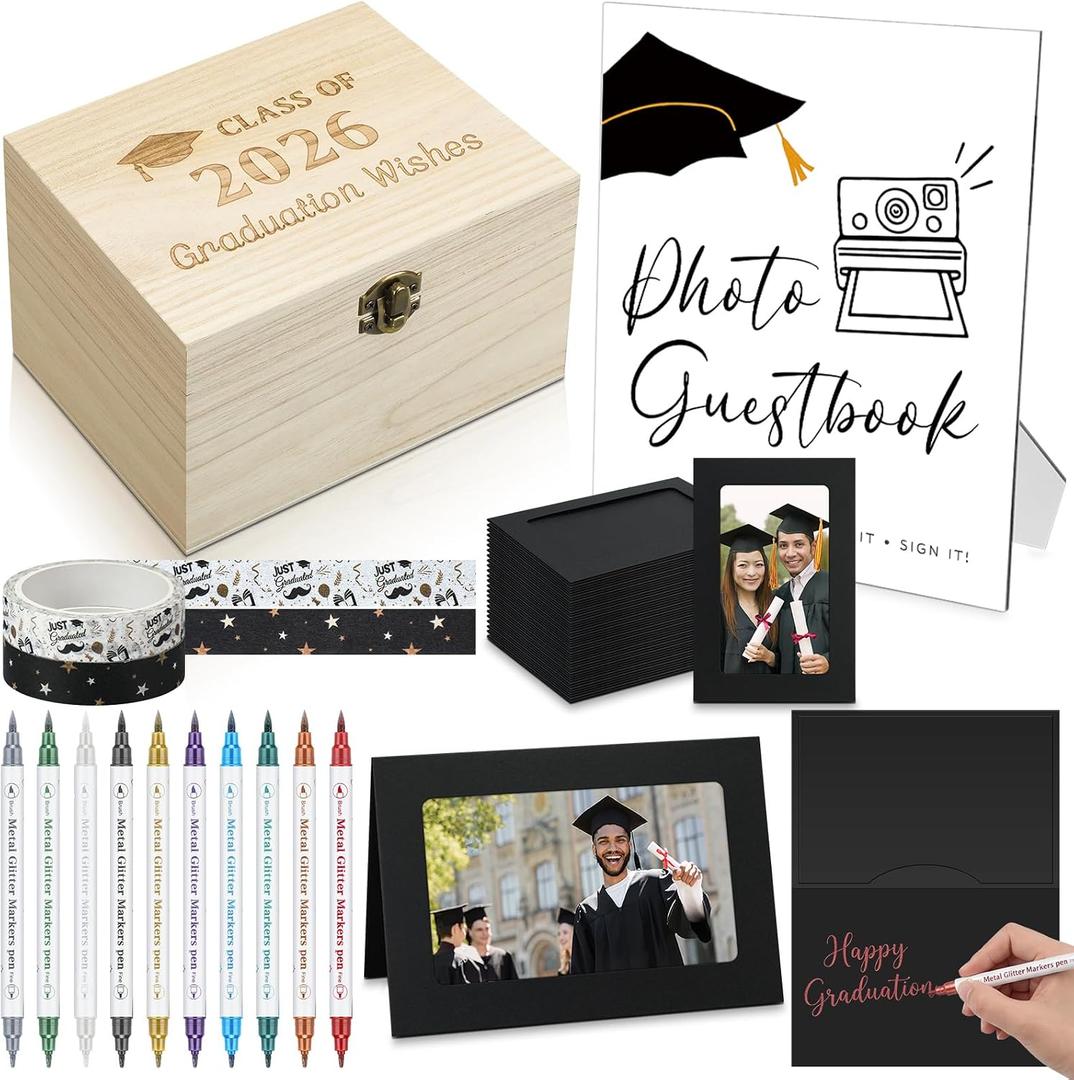 Epakh Class of 2026 Graduation Wishes Cards Box Graduation Party Photo Frame Note Cards for 4" x 6" Photos with 10 Metallic Markers 2 Washi Tape Wooden Keepsake Box for Grad Party Decor(Black Card)