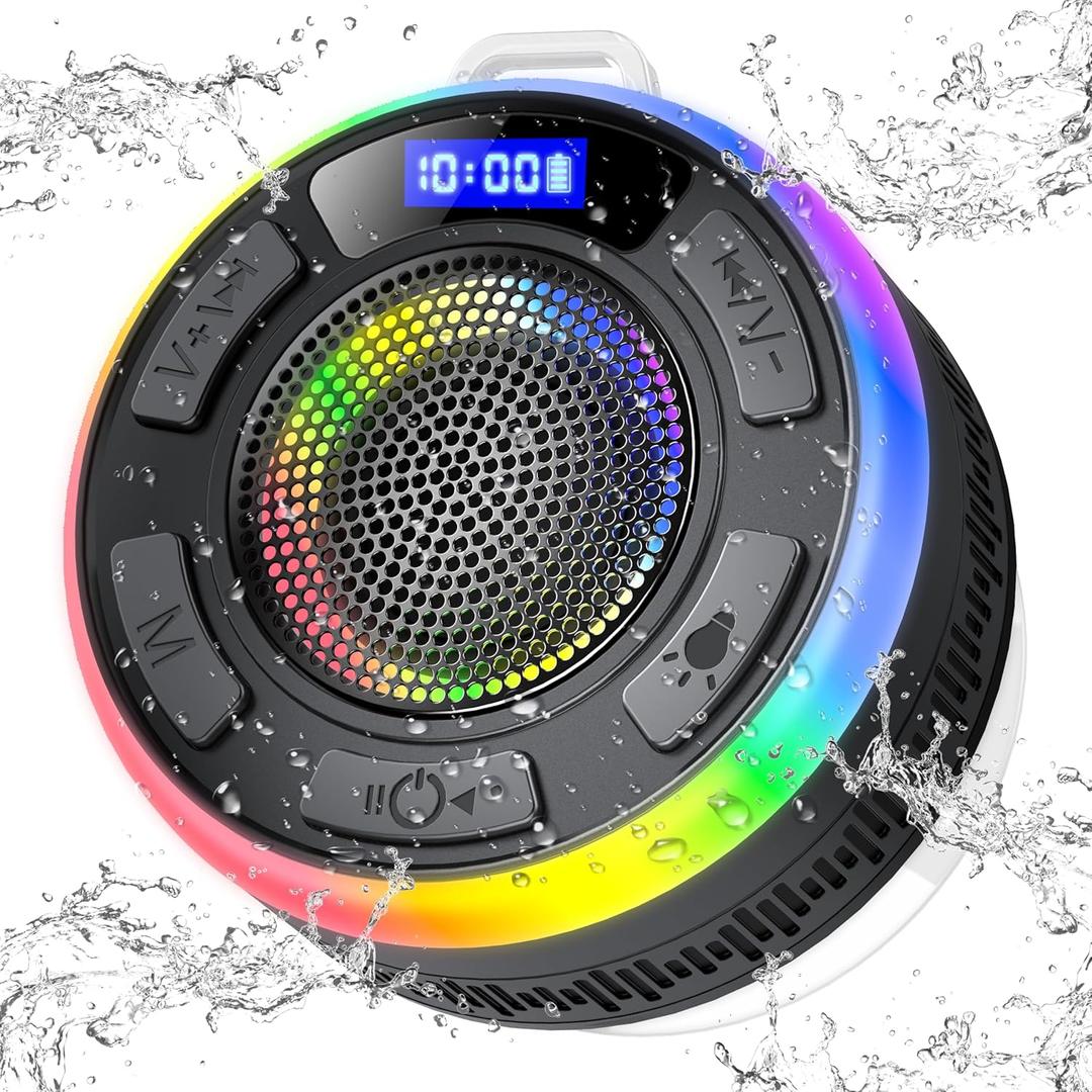 Waterproof Shower Speaker, Bluetooth 5.3 Bathroom Speaker with HD Sound & Strong Suction Cup, Bluetooth Speaker Built-in Mic for Calls, 1100mAh Portable Wireless Speaker for Pool, Beach, Boat, Gifts (Jet Black)