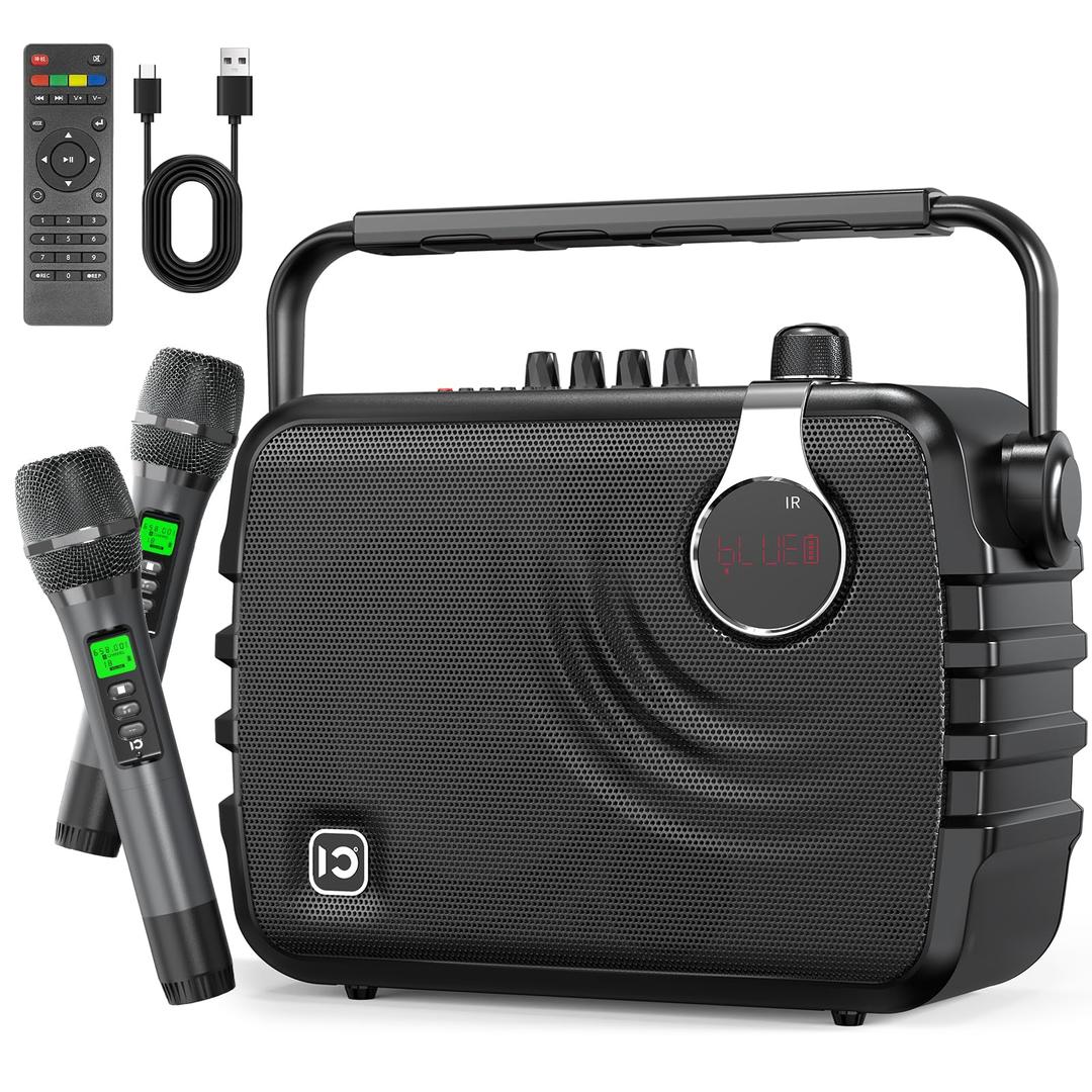 SHIDU 135W Power Voice Amplifier with 2 Wireless Bluetooth Microphones, Professional Microphone with Speaker Portable PA System & Karaoke Machine for Adults Support USB/TF Card/Aux/Guitar K6, Black 