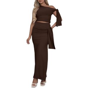 Women 2 Piece Maxi Skirt Set Sleeveless Crop Top Vacation Outfits Brown S (Brown)