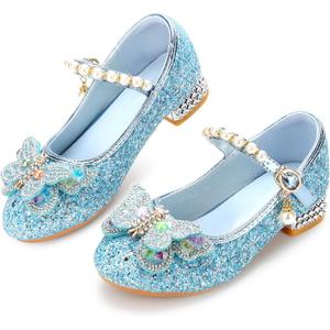 Girls Dress Shoes Mary Jane Princess Shoes Girls' Flats Glitter Low Heels Flower Wedding Party Footwear for Toddler Little/Big Kid (6 Toddler, 738 Blue)