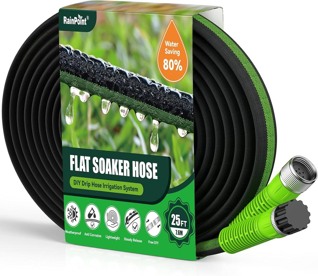 RAINPOINT 25ft Flat Soaker Hose, 80% Water-Saving Drip Irrigation Hose, Leakproof and Flexible with Anodized Aluminum Ends, Double Layer Gardening Hoses for Gardens, Vegetables and Trees, Green