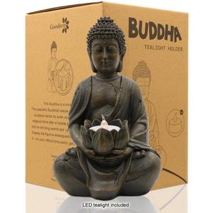 Goodeco Meditation Small Buddha Statue Figurine -Buddha with LED Tea Lights Candle Holder,Gift idea,Zen Home Decor Meditation Accessories 8" (1 pack, Brown)
