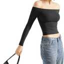 SUUKSESS Women Off Shoulder Double Lined Long Sleeve Shirts Basic Going Out Tops (Black, L)