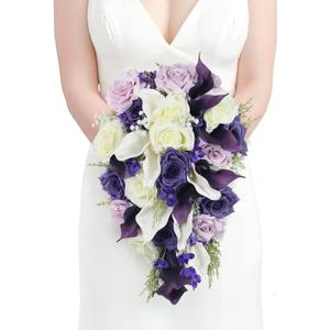 Rinlong 11" Wide Cascading Wedding Bouquets for Bride Purple Cascade Bridal Bouquet for Wedding Artificial Flowers Real Touch Silk Bouquet (One Size)