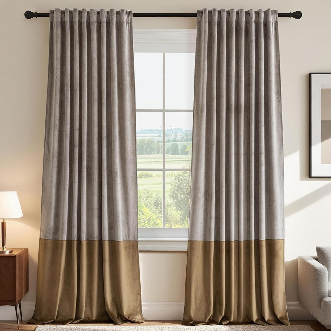 H.VERSAILTEX Velvet Patchwork Curtains Thermal Insulated Soundproof Room Darkening Drapes Rod Pocket Window Treatment Panels for Living Room Bedroom,2 Panels,Taupe/Camel,52" W x 96" L