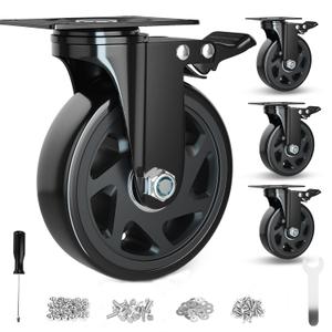 6 Inch Caster Wheels Heavy Duty Casters with Brake, Casters Set of 4 Loading 3000 Lbs, Locking Industrial Swivel Top Plate Casters Wheels for Furniture and Workbench Cart(Two Hardware Kits Included)
