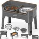 4-in-1 Elevated Slow Feeder Dog Bowls, 4 Height Adjustable Mess Proof Raised Dog Bowl Stand with No Spill Water Bowl, Stainless Steel Doggy Food Dish & Slow Feeder for Pets (Grey)