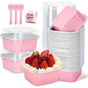 30Pack 5oz Pink Mini Cake Pans with Lids and Spoons Baking Cups Aluminum Foil Pans Tins, Individual Dessert Cups Containers for Sales,Party,Picnics