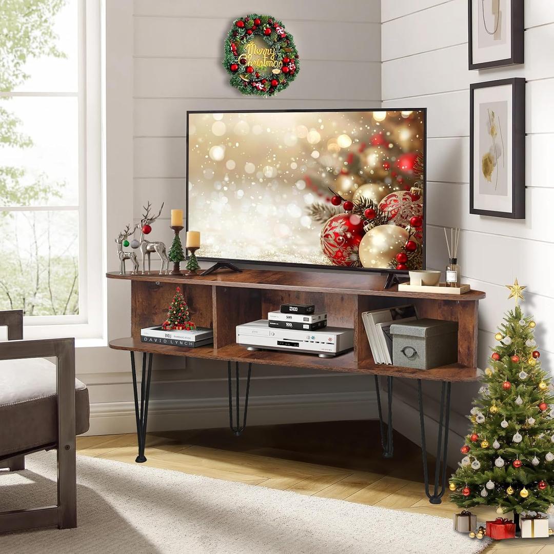 Corner TV Stand for 50 Inch TV, Entertainment Center with Storage Cabinet, Industrial Media Console Table with High Metal Feet and Anti-Slip Pads, TV Stand for Living Room, 50" TV Console, Brown