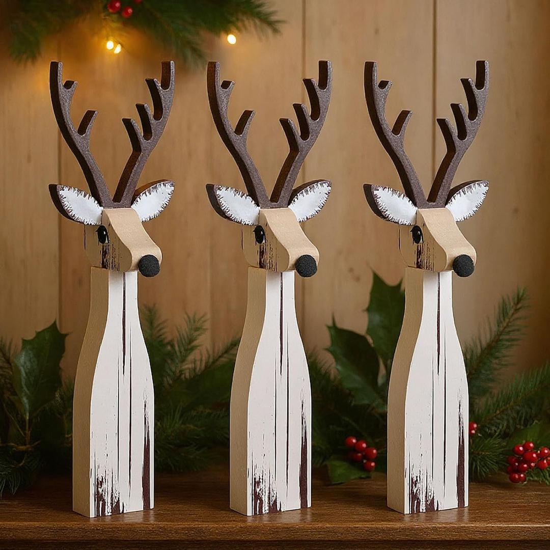 Syhood 3 Pcs Wooden Reindeer Figurines Reindeer Table Signs Deer Tiered Tray Decor Rustic Farmhouse Deer Tabletop Centerpiece for Winter Home Office Mantel Fireplace Shelf Desk Party Decorations