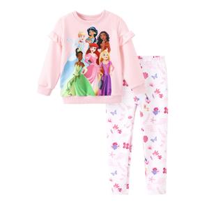 Disney Princess Girls Outfit ：Ruffle Long Sleeve Sweatshirt and Print Leggings Cute Cartoon Pullover and Pants Set for Fall Toddlers 2 Piece Girls Clothes for Back to School Gift Light Pink 5-6T
