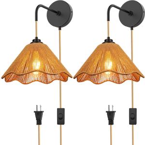 Plug in Wall Sconces Set of Two,Handwoven Boho Wall Decor, Plug in Wall Light with Switch for Farmhouse,Indoor, Living Room, Bedroom (Bulb Not Included) 11 X 8 Inch (Wave - 2 Pack)