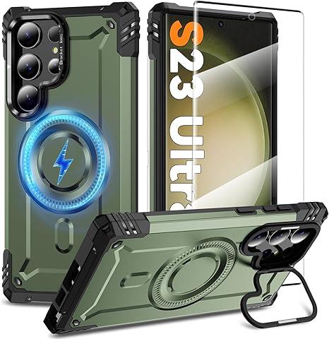 For Samsung Galaxy S23 Ultra Magnetic Case [Built-in Camera Ring Kickstand] [Screen Protector] [Compatible with MagSafe] [Wireless Charging] [Military-Grade Protection] Heavy Duty Rugged Case, Green