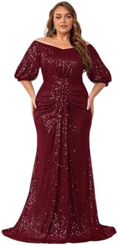 Women's Plus Size Off Shoulder Puff Sleeve Sequin Formal Maxi Dress Evening Party Gowns, 1XL