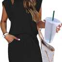 ETCYY NEW Womens Cap Sleeve Summer Dress Crew Neck Tie Front A-Line Dresses Double Layer Hem Mini Dress (Medium, Black)