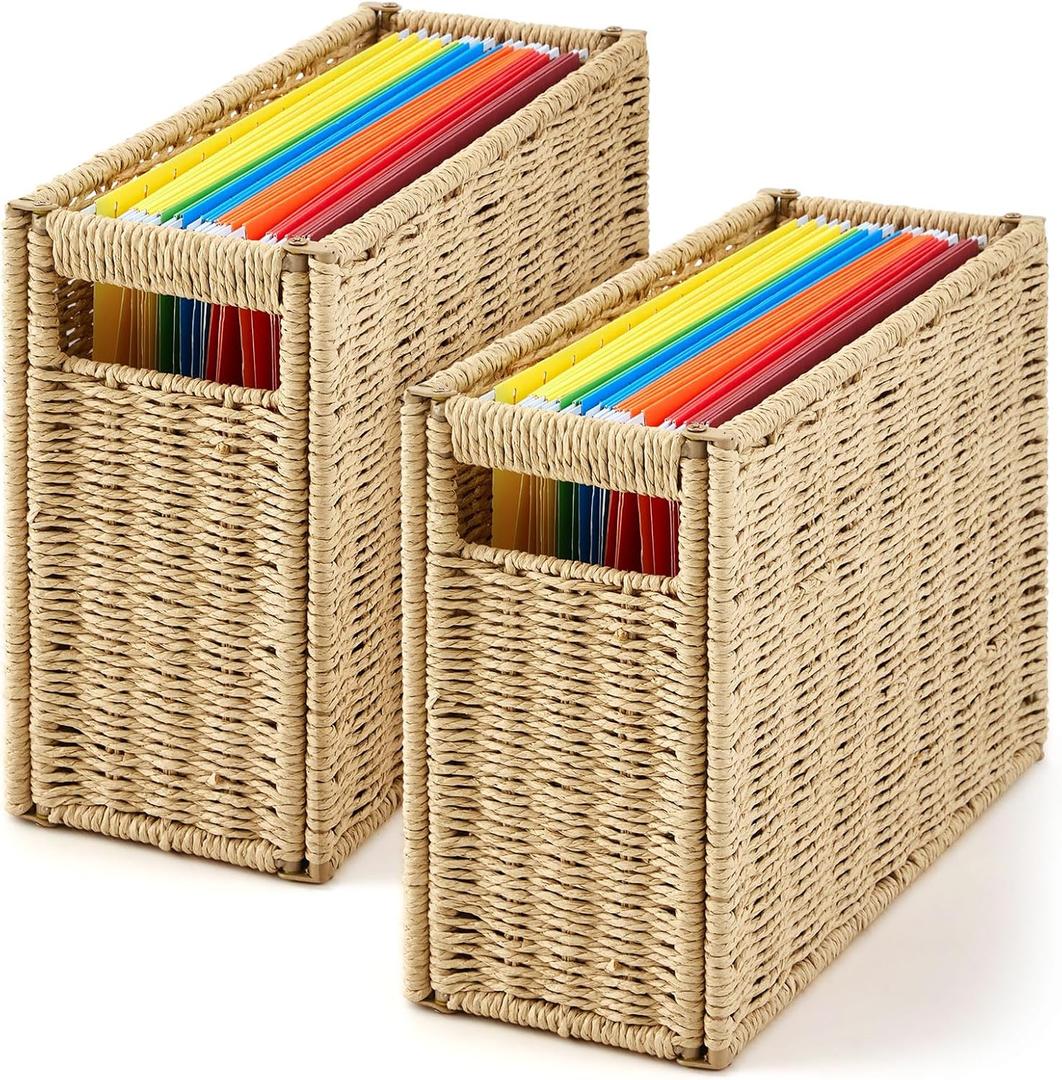 2 Pack Paper Rope Hanging File Box 14.5 x 6 x 10.8 Inch Decorative File Basket Woven Document Organizer with Handle Collapsible Letter Size Filing for Office Home Storage Decor