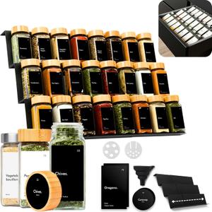 KIVY Drawer Spice Organizer + 24 Jars & 240 Labels - Seasoning Rack for Organization - Kitchen Drawer Insert for Spice Jars - Glass Seasoning Jars with Airtight Lids - Glass Spice Jars with Label (Bamboo Black)