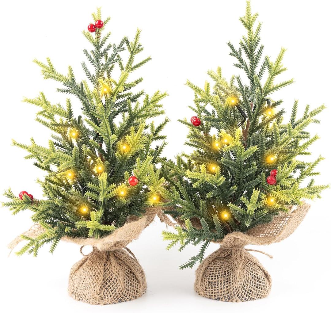 Set of 2 Mini Christmas Tree, 12 in Pre-lit Tabletop Xmas Decorations with 8 Warm LED Lights, Battery Operated with Timer, Burlap Base Artificial Pine Tree for Indoor Desk Office Dorm (Spruce)