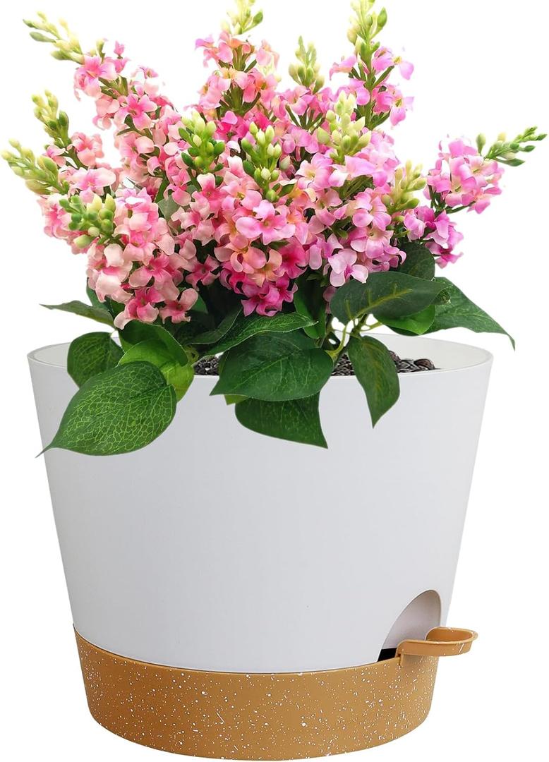 12 inch Large Self Watering Pots for Indoor Outdoor Plants, Flower Plant Pots with Drainage Holes for Garden House Plants, Plastic Planters with Reservoir for Home Plants, White with Brown