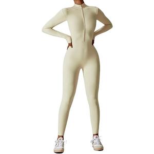 Belriviere Women Long Sleeve Workout Jumpsuit Zip Up Romper Bottom Pants Bodysuit Bodycon Athletic Sexy One Piece Outfit S