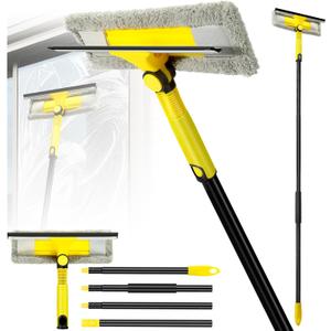 Window Squeegee with Extension Pole for Home, Professional Squeegee for Window Cleaning Tool Kit with Scrubber, 2 in 1 Rotatable Window Washing Kit for Car Glass Shower Indoor & Outdoor High Windows