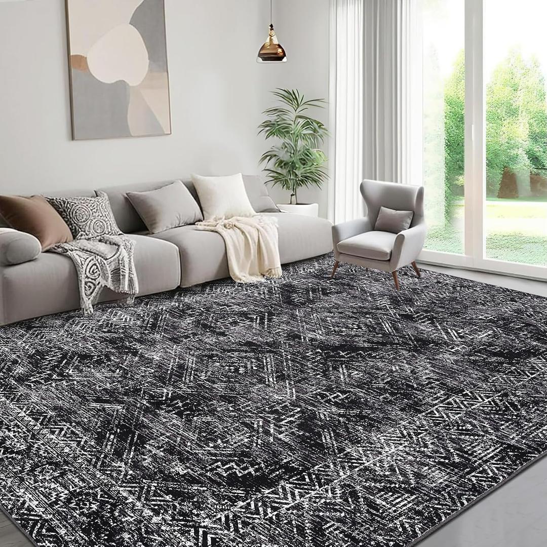 COZYLOOM Black Rug for Living Room 10x13 Machine Washable Area Rugs Modern Abstract Door Mats Non Slip Stain Resistant Geometric Accent Rug for Bedroom, Dining Room, Nursery, Black
