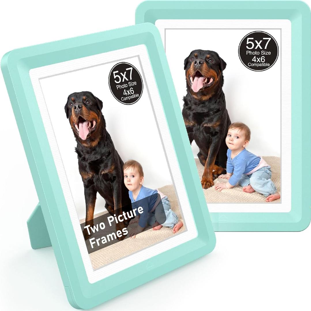 Green 5x7 Picture Frame,2 Pack, Fits 5x7 Photo or 4x6 with Mat, Acrylic Front & Durable ABS Frame, Shatterproof UV-Resistant Tabletop Display, Vertical/Horizontal Home Décor Frame