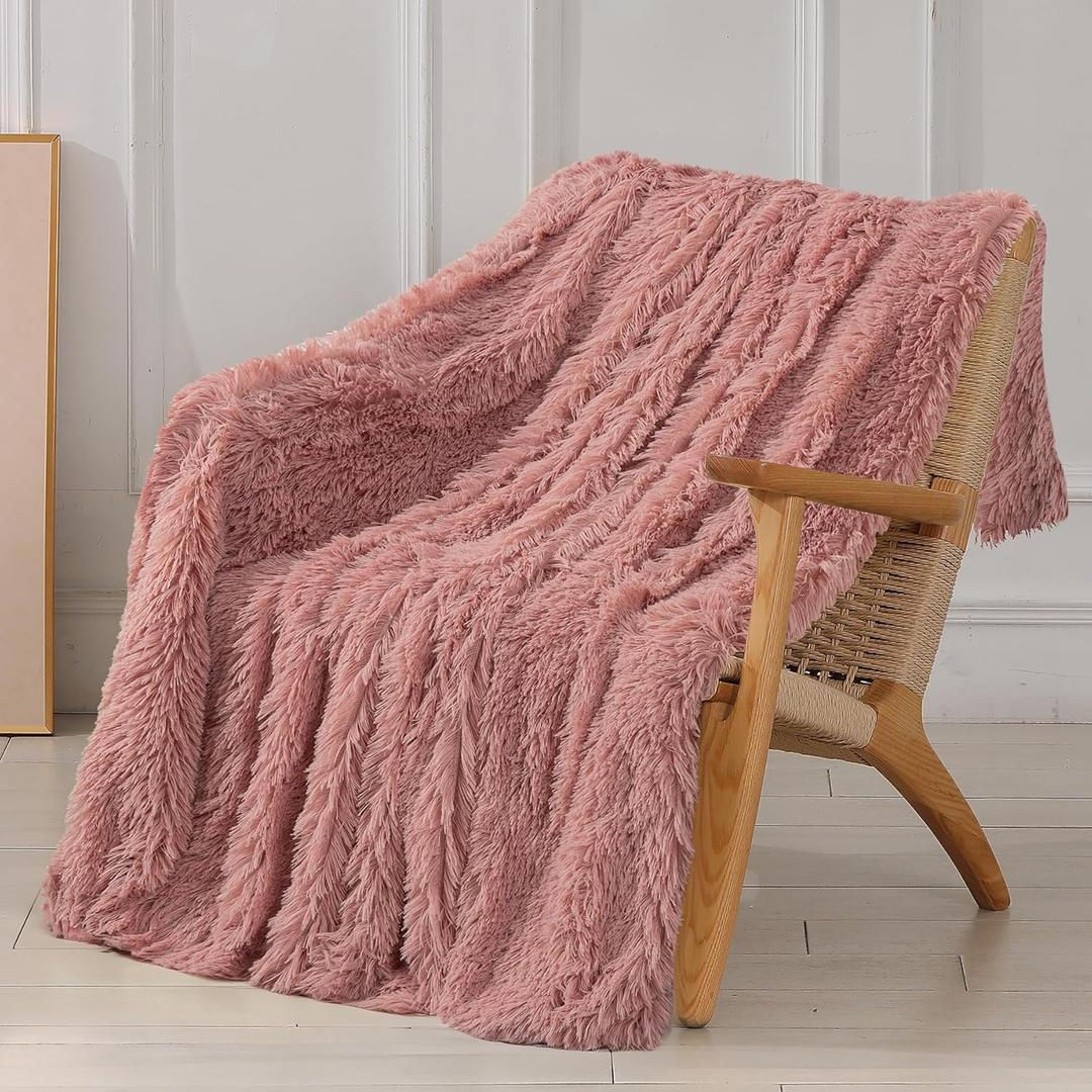 Tuddrom Decorative Extra Soft Faux Fur Blanket Twin Size 70" x 78",Solid Reversible Fuzzy Long Hair,Fluffy Cozy Plush Fleece Comfy Microfiber Blanket for Couch Sofa Bed,Peach Whip