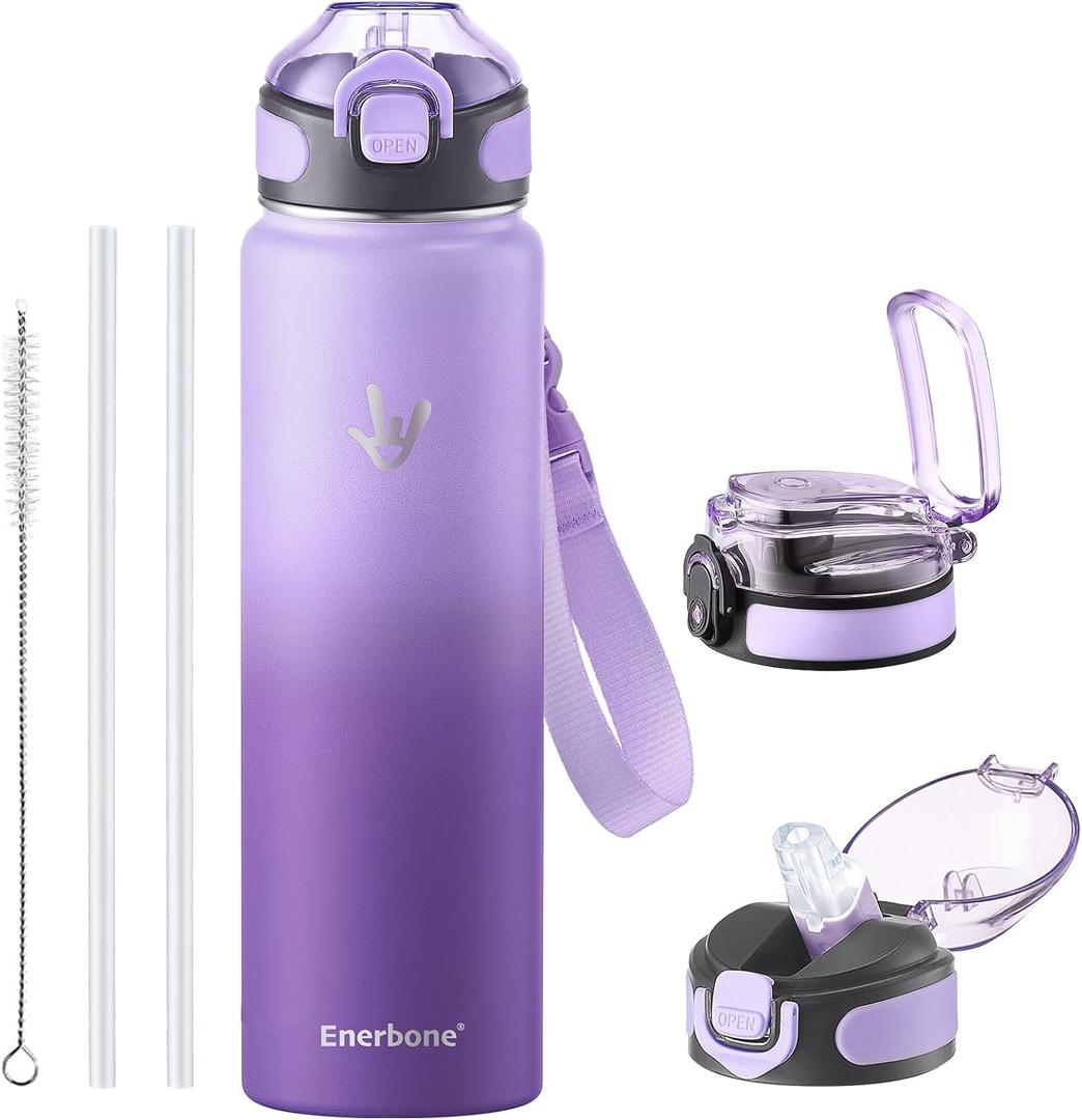 Enerbone 32 oz Insulated Water Bottle, 32oz 2 Lids (with Straw/No Straw), Stainless Steel Double Wall Flask for Hot & Cold Drinks, Leakproof Travel Bottle for Gym, Office, Hiking