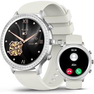 SOUYIE Smart Watches for Women with Diamonds,Smartwatch for Android iOS Phones, 1.32 Display, IP67 Waterproof Fitness Tracker with Sleep/Pedometer Monitor, Silver