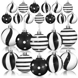 12 Pcs Black and White Christmas Ball Ornaments 2.36 Inch Xmas Stripe Dot Hanging Ornaments Plastic Glitter Tree Decorations for Christmas Halloween Holiday Party Tree Wreath Decoration