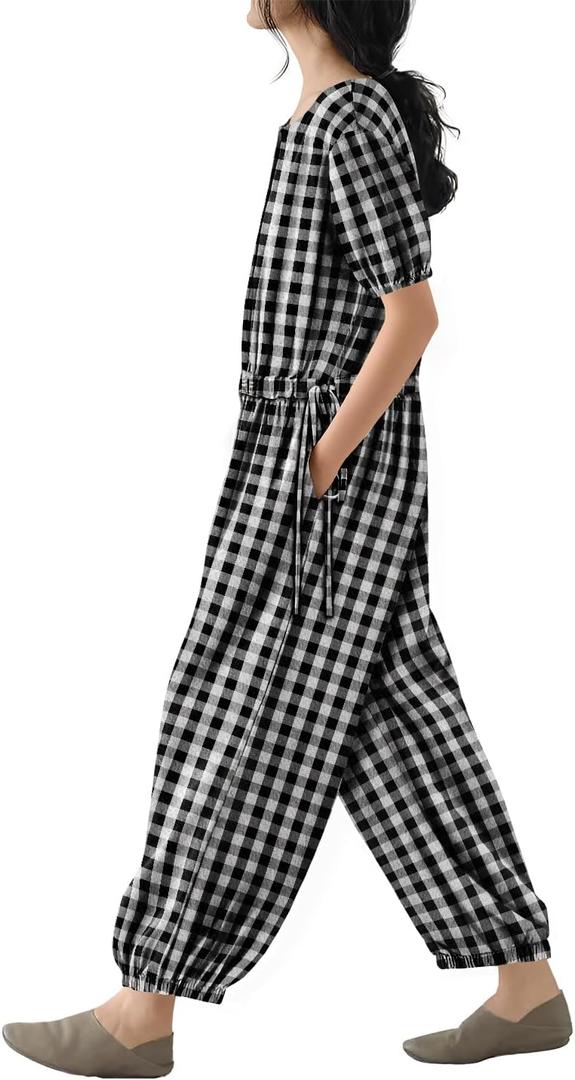 YESNO Jumpsuits for Women Casual Floral Boho Cropped Drawstring Rompers Short Sleeve Button Down One Piece Outfits PJ0 (S)