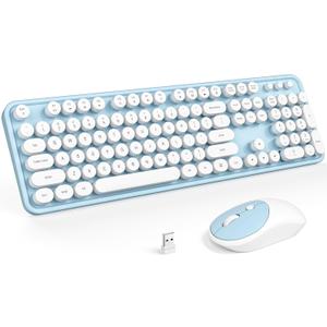Wireless Keyboard and Mouse, Typewriter Full Size Keyboard with Number Pad and 2 in 1 USB Connected Mouse for Mac, Windows 7/8/10, Laptop, Desktop, PC, Computer (Blue-White)