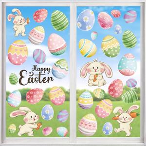 2 x 6 Sheets Happy Easter Window Clings, Double-Sided Reusable Oil Painting Bunny Eggs Window Decals for Glass, Mirror, Party Home Decor (Easter)