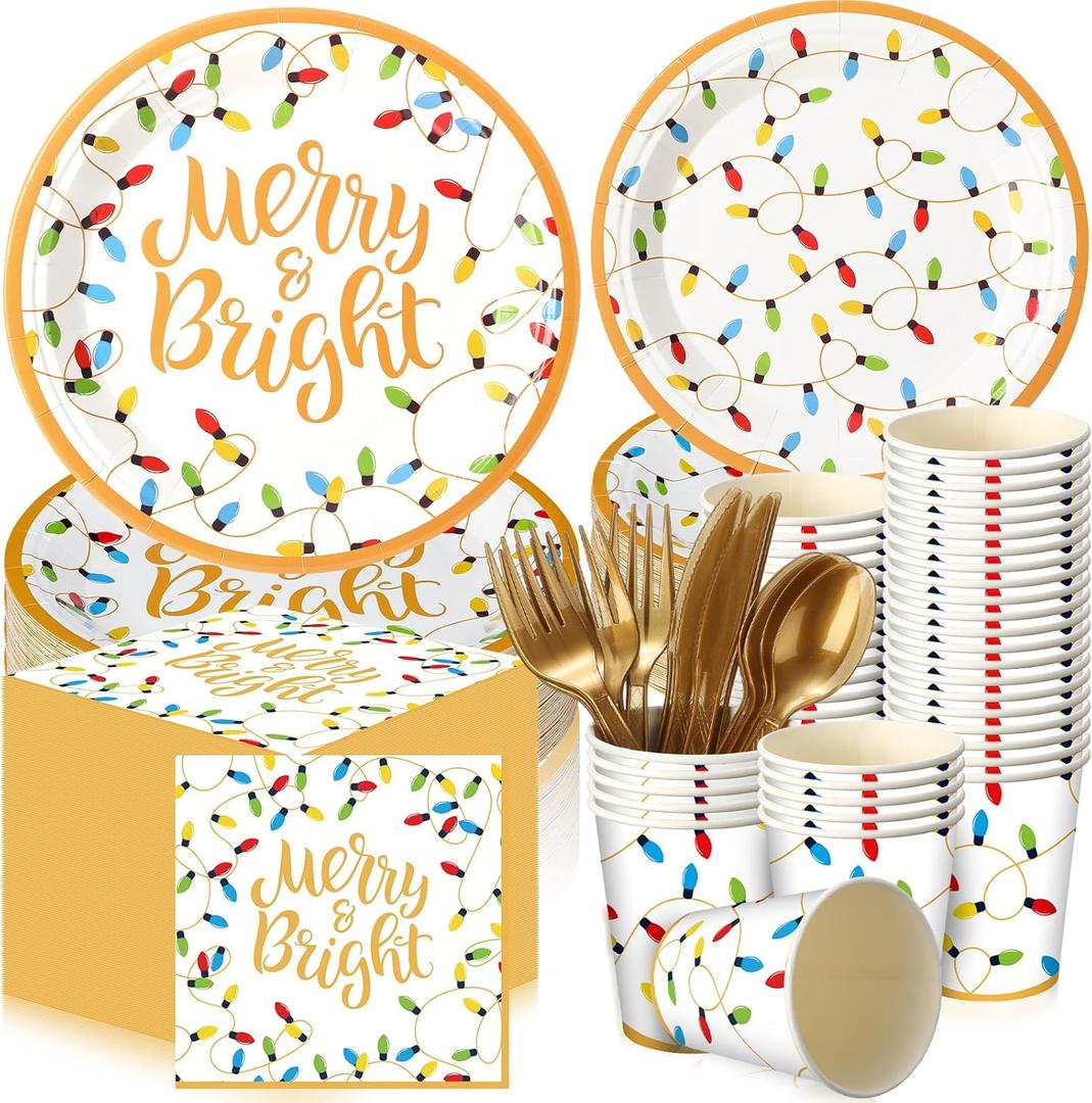Nitial 240 Pcs Christmas Paper Plates and Napkins Serve 30 Guests Christmas Party Supplies Disposable Xmas Tableware Set Plates Napkins Cups with Knife Fork Spoon(White,Christmas Lights Style)