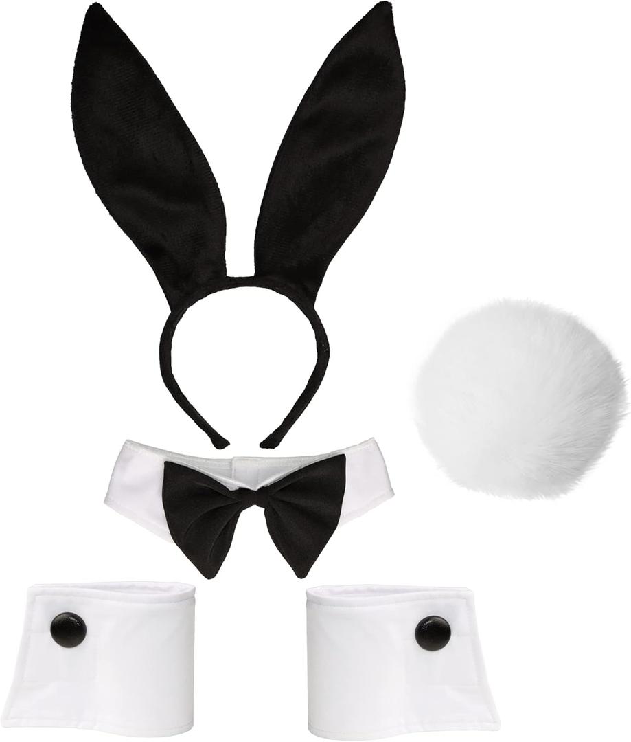 Bunny Costume Set - Rabbit Ears Headband, Bow Tie, Cuff and Tail Accessories Kit (Black)