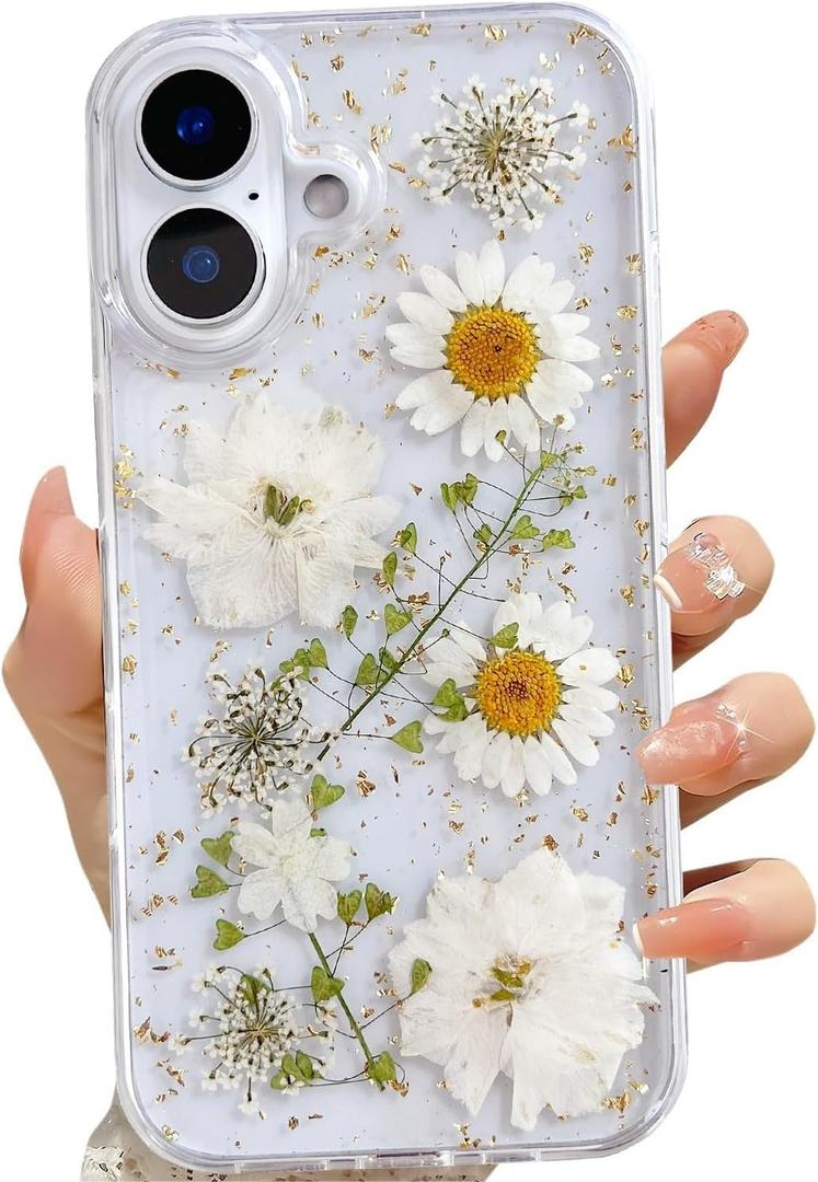for iPhone 16 Plus Clear Case with Pressed Real Flowers Design,Glitter Cute White Floral Pattern Slim Soft TPU Protective Women Girl's Phone Cover for iPhone 16 Plus