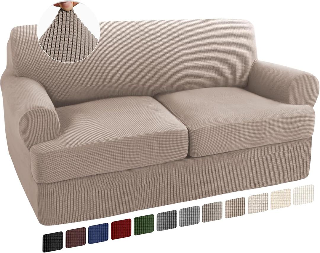 Turquoize 3 Piece T Cushion Loveseat Slipcovers Sofa Cover for 2 Cushion Couch Cover Washable Sofa Slipcover Furniture Covers with 2 Individual T Cushion Seat Covers (2 Cushion Loveseat, Sand)