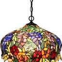 FUMAT Tiffany Pendant Light Rose Flower Stained Glass Hanglamp 16 Inch Wide Shade Chandelier Hanging Lights Fixture 110V Ceiling Pendant Lamp 2PCS LED Bulb Included