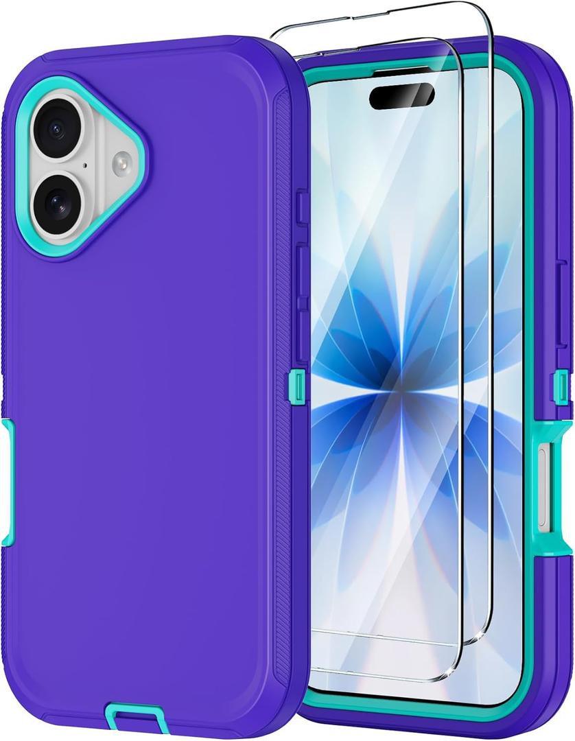 Annymall for iPhone 17 Case with Screen Protector, Heavy Duty 3-Layer Drop Protection DustProof, Military Grade Shock-Absorbing Rugged Bumper Phone Cases Cover for Apple iPhone 17 6.3" 2025 (Purple)