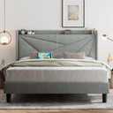 Feonase Full Bed Frame with Type-C & USB Ports, Upholstered Platform Bed Frame with Wingback Storage Headboard, Solid Wood Slats Support, No Box Spring Needed, Noise-Free, Light Gray