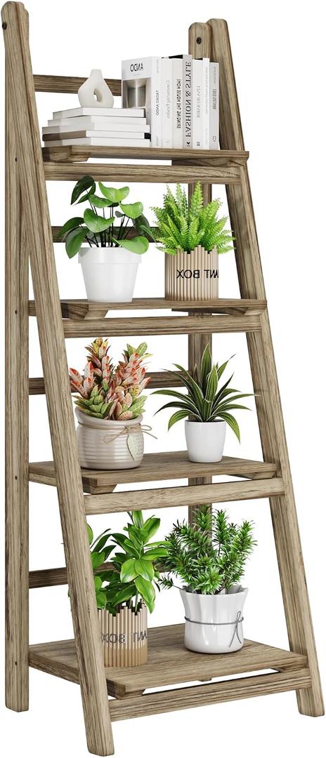 Ladder Shelves - Folding Wooden Ladder Bookshelf, 4-Tier Retro Plant Stand Storage Shelves for Home Living Room, Light Brown