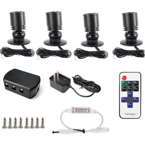 DEDC 4pcs LED Mini Spot Light, 3000K Under Cabinet Lights, Jewelry Model Showcase Display Spotlights for Wine Cabinet/Cupboard/Living Room (Warm White-Remote Control-U.S. Plugs-Base Unslotted) (4pcs warm white, black-base unslotted)