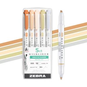 Zebra Pen Mildliner Dual-Tip Highlighter Set, Broad and Fine Tips, No Bleed, Ideal for Bible Highlighting, Journaling, School and Office Supplies, Assorted Neutral Vintage Ink Colors, 5-Pack (78605)