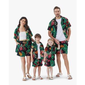 PATPAT Family Matching Outfits Hawaiian Dad and Me Beach Tropical Plant Allover Flower Print Shirt and Shorts Set Men, Classic Black, 2XL