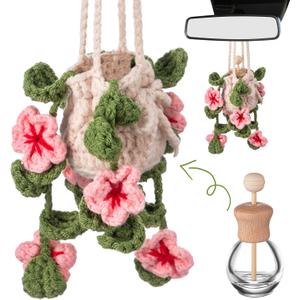 DaisyInner Cute Crochet Plant Car Freshener 12ml Empty Refillable Diffuser Bottle with Plants Hanging Accessories for Rearview Mirror Home Office Decor Women Mother's Day Gifts(Cherry Blossoms)