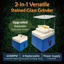 Upgraded Versatile Stained Glass Grinder Machine, Portable 4200rpm Glass Art DIY Making Tool with Stackable Dual-Layer Workbench and 4-Sizes Replaceable Diamond Grinding Bits, 110V 65W Blue