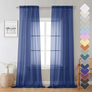 Lecloud Royal Blue Sheer Curtains 96 Inches Long 2 Panels, Farmhouse Voile Sheer Curtain for Windows, Soft Rod Pocket Transparent Curtains for Living Room Large Windows, Each Panel 42 X 96 Inch