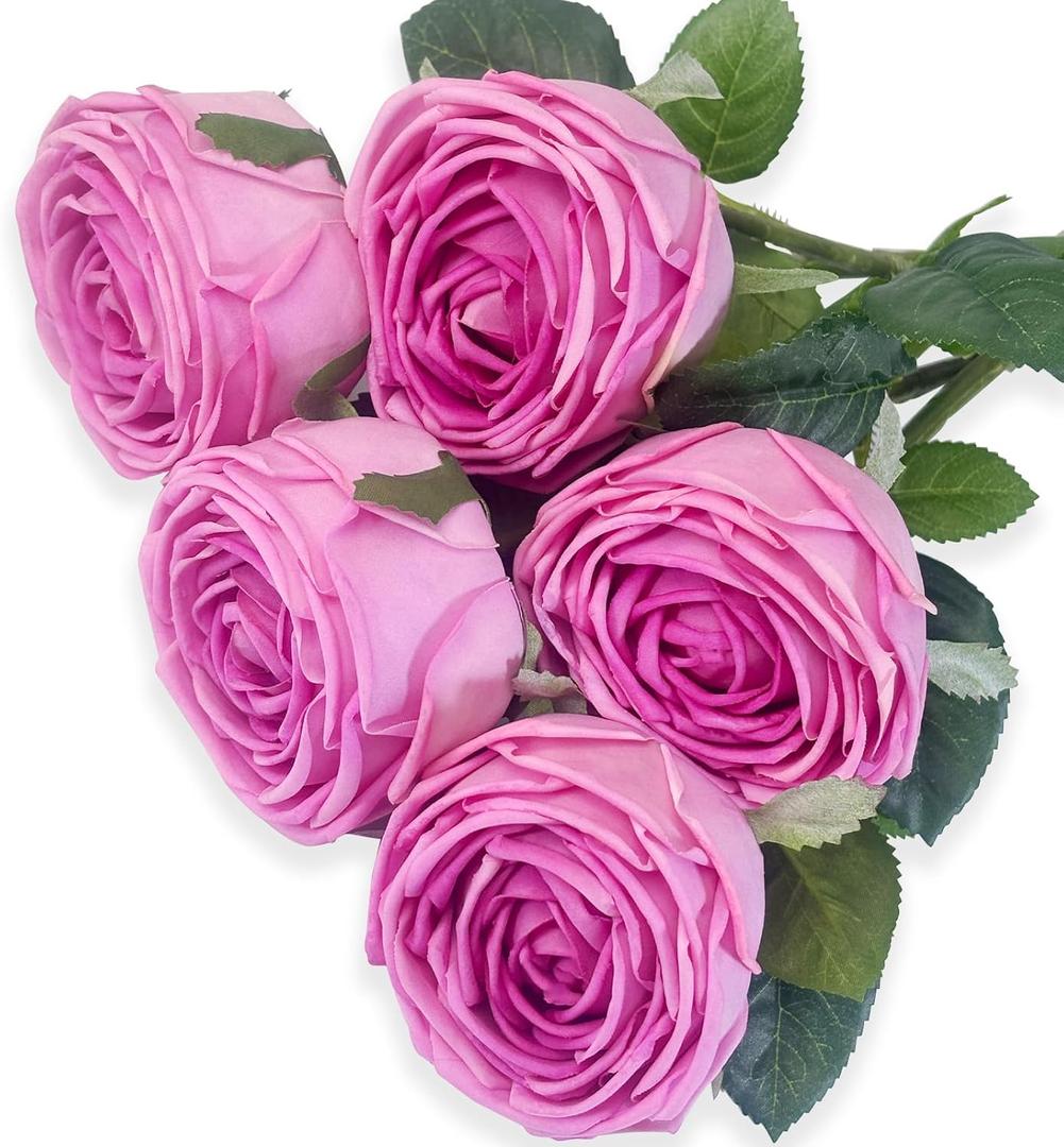 5Pcs Light Pink Real Touch Artificial Silk Flowers with Stems - Lifelike Latex Austin Rose Peony for Wedding Bouquets, Home Decor, DIY Floral Arrangements